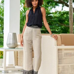 Boston Propers Women's Linen Beige Wide-Leg Pants with Black Trim